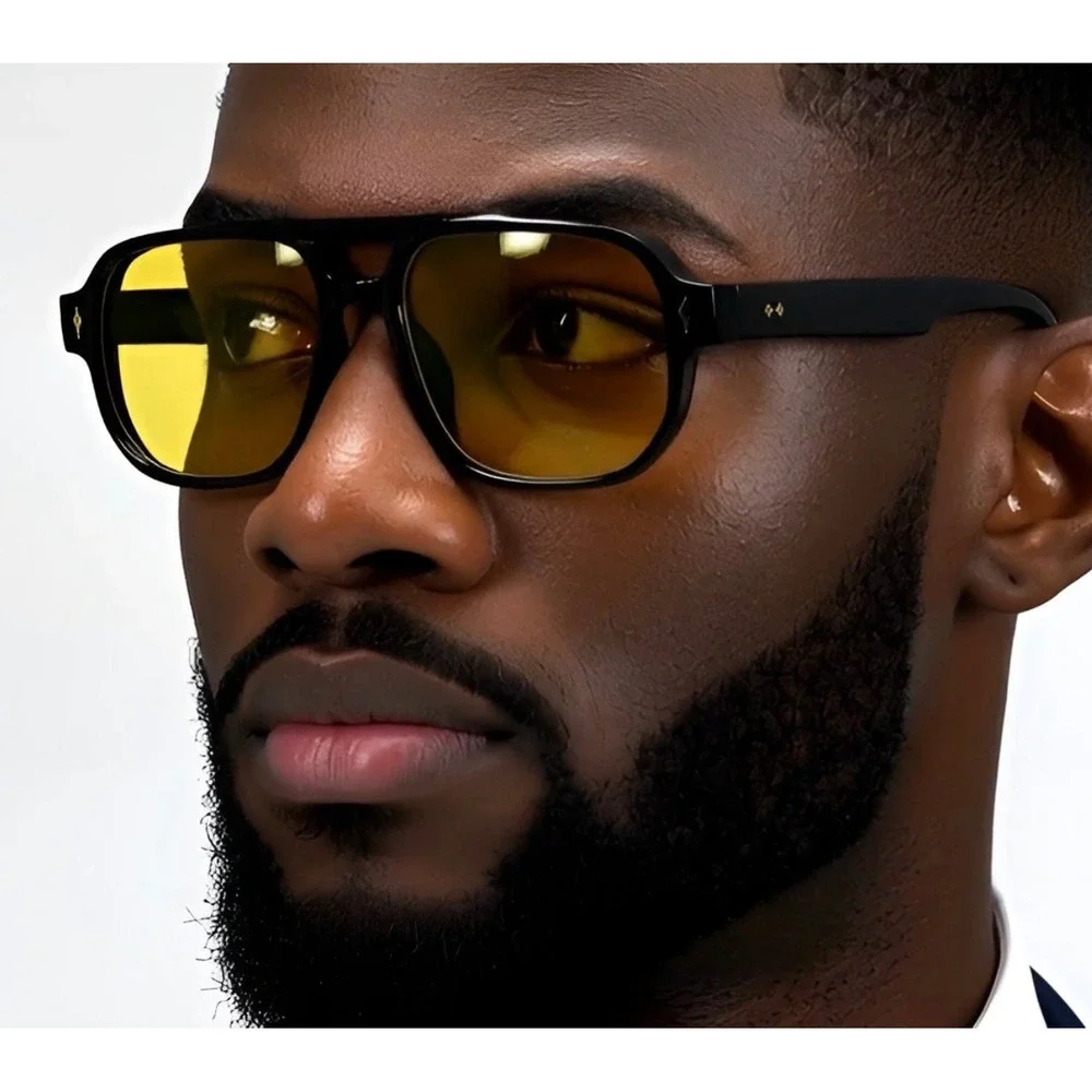 Mens‎ Retro Sunglasses Fashion Designer Black Frame Yellow Lens Square 70s Style
